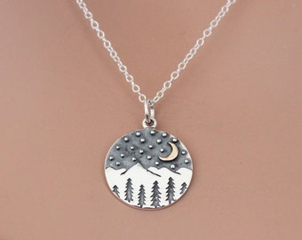 Sterling Silver Mountain Charm with Trees and Bronze Moon Necklace, Silver Mountain Charm with Trees and Bronze Moon Necklace