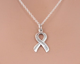 Sterling Silver Cancer Awareness Ribbon - Strength Necklace, Silver Cancer Awareness Ribbon Strength Necklace, Cancer Ribbon Necklace
