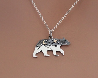 Sterling Silver Bear Charm with Mountains and Bronze Moon Necklace, Cute Sterling Silver Bear Charm with Mountains and Bronze Moon Necklace