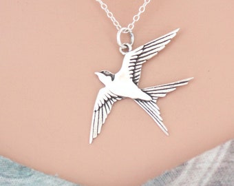 Sterling Silver Swallow Necklace, Silver Swallow Necklace, Swallow Necklace, Soaring Swallow Necklace, Soaring Swallow Pendant Necklace