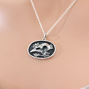 Sterling Silver Flower and Raven Skull Charm Necklace, Sterling Silver Flower and Raven Skull Necklace, Flower and Raven Skull Necklace