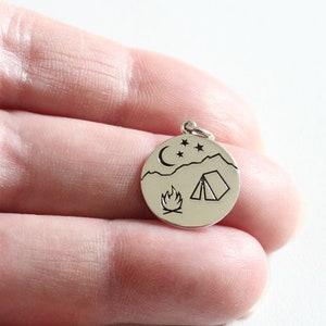 Sterling Silver Camping Pendant Charm, Silver Campfire Mountain Scene Charm, Hiking Charm , Charm for Camper, Hiking Charm, Camping Charm