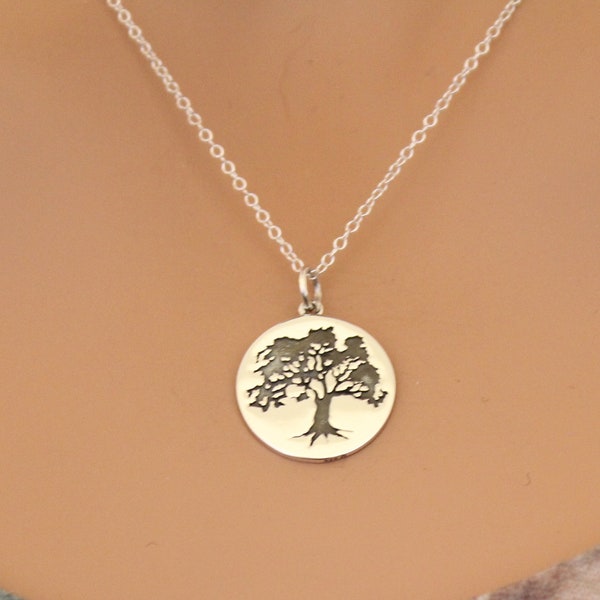 Sterling Silver Etched Oak Tree Charm Necklace, Silver Etched Oak Tree Pendant Necklace, Oak Tree Pendant Necklace, Silver Oak Tree Necklace