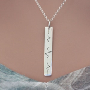 PERSONALIZED EKG NECKLACE - Sterling Silver Vertical Heart beat Bar Necklace, Bar Vertical Engraved Heart beat  Necklace