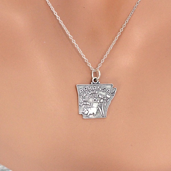Sterling Silver Arkansas State Charm Necklace, Sterling Silver Arkansas State Pendant Necklace, Silver State of Arkansas Charm Necklace