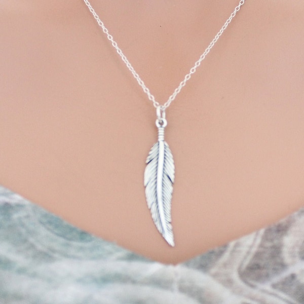 Sterling Silver Textured Feather Charm Necklace, Silver Textured Feather Charm Necklace, Textured Feather Charm Necklace, Feather Necklace