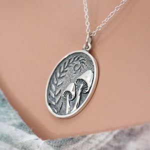 Sterling Silver Etched Mushrooms with Fern Charm Necklace, Sterling Silver Etched Mushrooms with Fern Necklace, Silver Mushroom Necklace