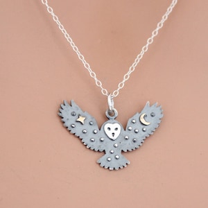 Sterling Silver Owl Charm with Bronze Star and Moon Necklace, Silver Owl Charm with Bronze Star and Moon Charm Necklace, Silver Owl Necklace