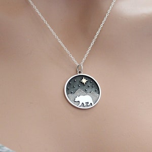 Sterling Silver Bear and Mountain Pendant with Bronze Star Necklace, Silver Bear and Mountain with Bronze Star Necklace, Bear Necklace
