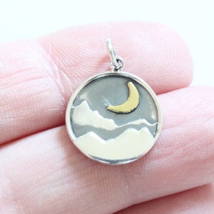 Sterling Silver Mountain Charm with Bronze Crescent Moon, Sterling Silver Mountain Pendant with Bronze Crescent Moon, Silver Mountain Charm