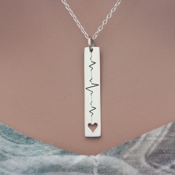 PERSONALIZED EKG NECKLACE - Sterling Silver Vertical Heartbeat Bar Necklace with Heart Cutout, Engraved Heartbeat Necklace