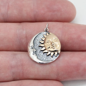Mixed Metal Sun and Moon Charm, Mixed Metal Sun and Crescent Moon Charm, Mixed Metal Sun and Moon Pendant, Sun and Crescent Moon Charm