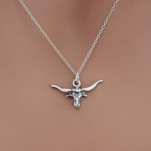 Sterling Silver Western Steer Charm Necklace, Sterling Silver Oxidized Wester Steer Head Charm Necklace, Silver Western Steer Charm Necklace
