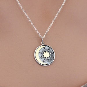 Sterling Silver Charm with Bronze Sun and Moon Necklace, Silver Charm with Bronze Sun and Moon Necklace, Sun Moon Necklace