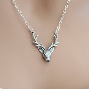 Sterling Silver Stag Head Pendant Necklace, Silver Stag Head Pendant Necklace, Stag Head Pendant Necklace, Stage Head Charm Necklace