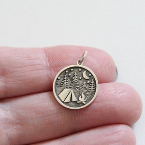 Sterling Silver Camping Charm with Tent and Trees Necklace, Silver Camping Charm with Tent and Trees Necklace, Camping Charm Necklace