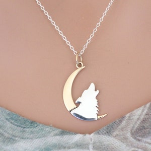 Sterling Silver Howling Wolf Charm with Bronze Moon Necklace, Silver Howling Wolf Charm with Bronze Moon Necklace, Howling Wolf Necklace