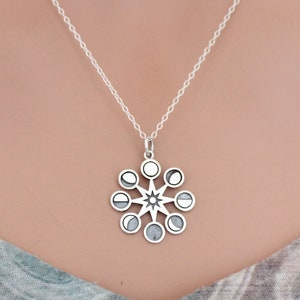 Sterling Silver Moon Phases Pendant in Sun Charm Necklace , Silver Moon Phases Pendant in the Sun Necklace, Moon Phases and Sun Necklace
