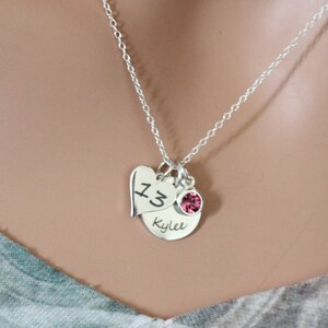 Sterling Silver Custom Heart and Round birthstone Charm Necklace, Engraved Heart and Round Charm birthstone Gem Necklace, Birthday Gift