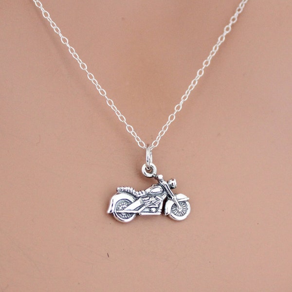 Collier à breloques moto en argent sterling, moto réaliste en argent, collier moto, collier à breloques moto double face,