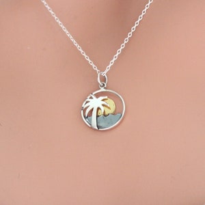 Sterling Silver Palm Tree Ocean Charm with Bronze Sunset, Beach Charm Necklace, Palm Tree Beach Necklace, Ocean Pendant Necklace with Sun