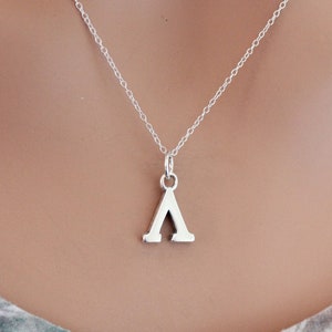Puede incluir: Un collar de plata con un colgante de plata en forma de la letra griega Delta.