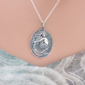 Sterling Silver Oval Mermaid Charm Necklace, Silver Oval Mermaid Charm Necklace, Mermaid Charm Necklace, Mermaid Pendant Necklace