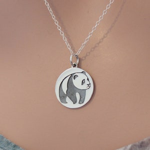 Panda Halskette, geätzter Panda Anhänger, Panda Halskette Silber, Panda Disk Halskette, Silber Panda Halskette