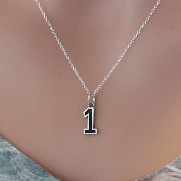 Sterling Silver Number One Charm Necklace, Oxidized Sterling Silver Number One Necklace, 1 Necklace, 1 Number Charm Necklace