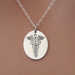 Sterling Silver Medic Staff Charm Etched Oval Disk Necklace, Silver Medic Staff Charm Etched Oval Disk Necklace, Medic Staff Necklace