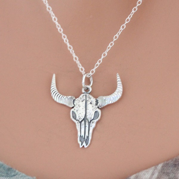 Sterling Silver Flat Cow Skull Charm Necklace, Silver Flat Cow Skull Charm Necklace, Silver Flat Cow Skull Pendant Charm, Cow Skull Necklace