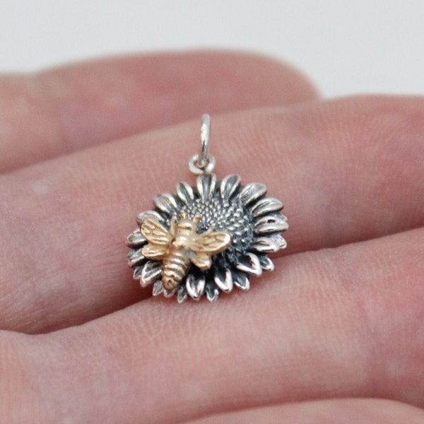 Sterling Silver Sunflower Pendant: Bronze Bee Charm