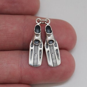 Sterling Silver Oxidized Swim Fins Charm, Sterling Silver Oxidized 3D Swim Fins Pendant, Silver Oxidized Scuba Fins Charm, Swim Fins Charm