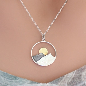 Large Sterling Silver Mountain Sunset Pendant with Bronze Sun, Silver Sunset Pendant Necklace, Mountain Sunrise Charm Necklace, Camping