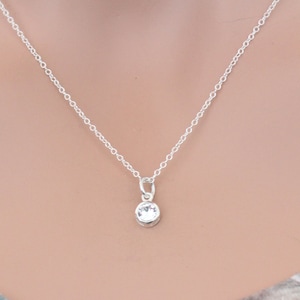 Sterling Silver Tiny White April Crystal Birthstone Charm Necklace, Small Silver Crystal April Birthstone Charm Necklace
