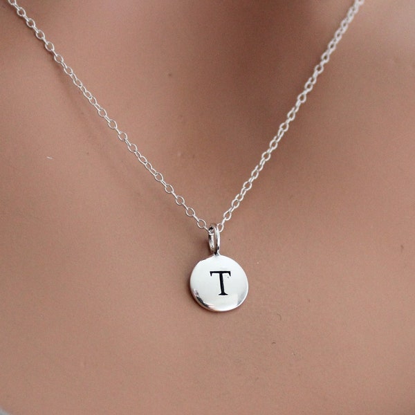 Sterling Silver Simple T Initial Necklace, Silver Stamped T Necklace, Stamped T Initial Necklace, Small T Initial Necklace, T Initial Charm