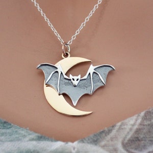 Sterling Silver Layered Bat Charm with Bronze Moon Necklace, Silver Layered Bat Charm with Bronze Moon Pendant Necklace, Bat Neckalce
