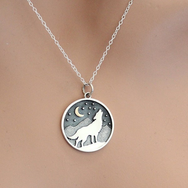 Sterling Silver Howling Wolf Necklace, Sterling Silver Circular Wolf and Mountain Necklace with a Bronze Moon, Wolf and Mountain Necklace