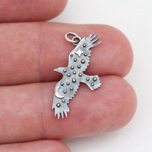 Sterling Silver Raven Charm with a Bronze Star and Moon, The Raven&#39;s Midnight Flight Charm, Silver Raven with Bronze Star and Moon Pendant
