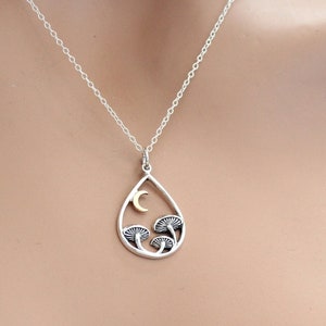 Sterling Silver Sprouting Mushrooms Under Moon Light Necklace, Sterling Silver Mushroom Triplets in a Teardrop Necklace with a Bronze Moon
