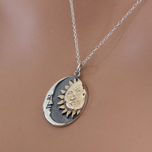 Mixed Metal Sun and Moon Pendant Necklace, Mixed Metal Sun and Moon Charm Necklace, Mixed Metal Moon and Sun Pendant Necklace, Sun Necklace