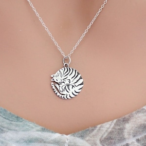 Sterling Silver Curled Cat Charm Necklace, Silver Curled Cat Charm Necklace, Curled Cat Charm Necklace, Curled Etched Cat Charm Necklace