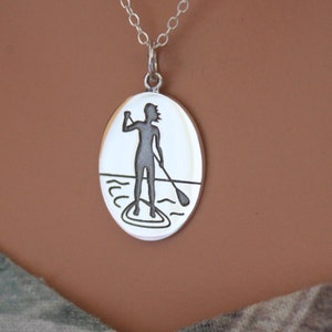 Sterling Silver Stand Up Paddle Girl Charm Necklace, Silver Stand Up Paddle Girl Pendant Necklace, Stand Up Paddle Girl Charm Necklace