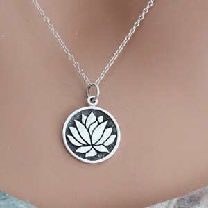 Sterling Silver Lotus Flower Pendant Etched on Round Charm Necklace, Lotus Flower Etched on Round Charm Necklace, Etched Lotus Necklace