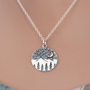 Sterling Silver Mountain Charm with Trees and Bronze Moon Necklace, Silver Mountain Charm with Trees and Bronze Moon Necklace