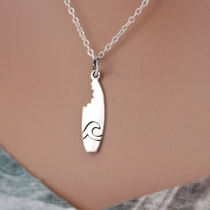 Sterling Silver Surfboard Charm with Shark Bite Necklace, Silver Surfboard with Shark Bite Necklace, Fun Silver Surfer Charm Necklace