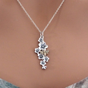 Sterling Silver Cherry Blossom with Bronze Bee Necklace, Sterling Silver Cherry Blossoms Bronze Bee Necklace , Cherry Blossom Bee Necklace