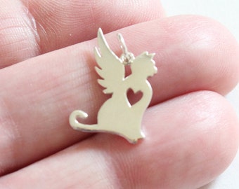 Sterling Silver Angel Cat Necklace: Winged Kitty Charm with Heart Cutout