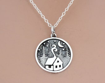 Sterling Silver Etched Cabin Necklace: Trees & Moon Charm