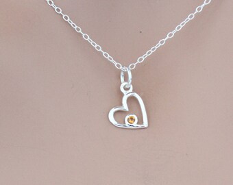 Sterling Silver Birthstone Heart November Gold Topaz Crystal Necklace, Birthstone Heart November Gold Topaz Gem Necklace, Gold Gem Necklace